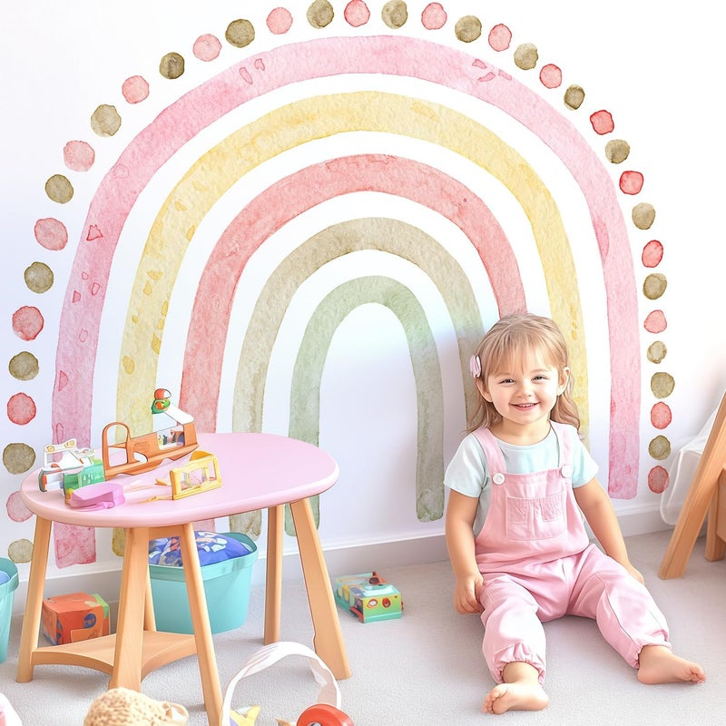 Kingarch Large Pink Rainbow Wall Decals, Boho Dots Peel and Stick Fabric Nursery Wall Decor, Removable Home Room Wall Decor Murals Stickers for Kids Girls Toddler Bedroom Living Room Playroom - Image 1